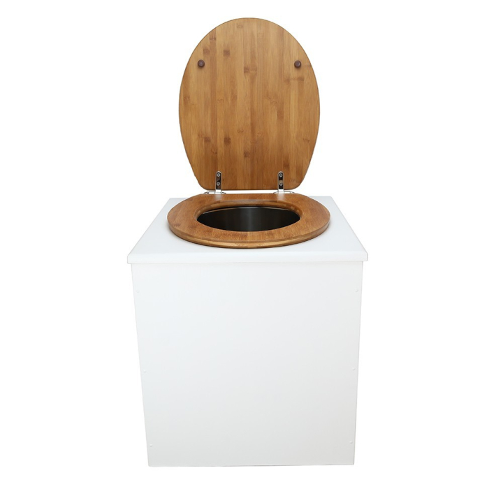  Toilette sèche rehaussée en bois blanc complète avec seau inox 22 litres et bavette inox Ø30 cm - abattant bambou