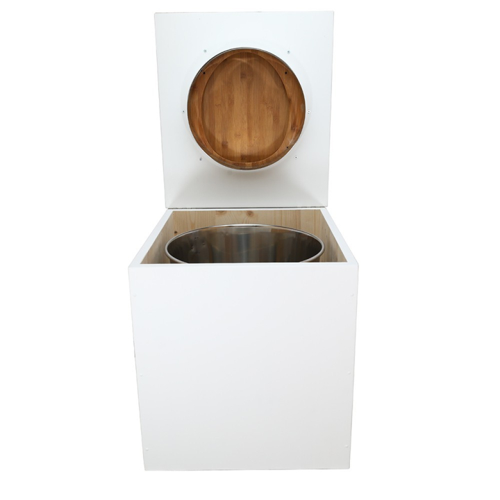  Toilette sèche rehaussée en bois blanc complète avec seau inox 22 litres et bavette inox Ø30 cm - abattant bambou