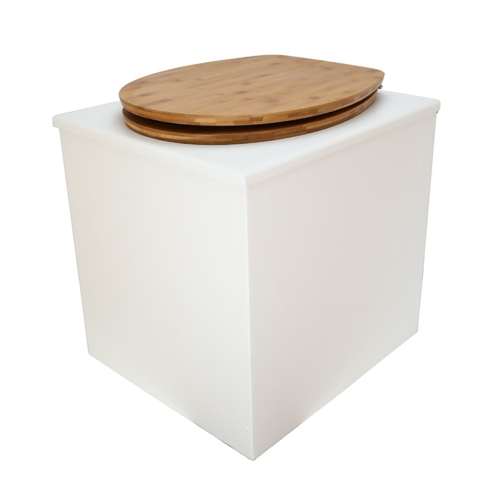  Toilette sèche rehaussée en bois blanc complète avec seau inox 22 litres et bavette inox Ø30 cm - abattant bambou
