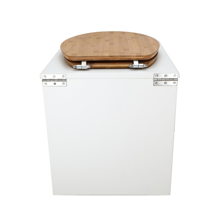  Toilette sèche rehaussée en bois blanc complète avec seau inox 22 litres et bavette inox Ø30 cm - abattant bambou