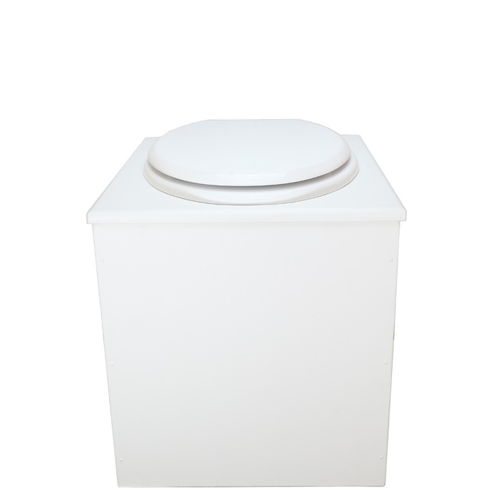  Toilette sèche rehaussée en bois blanc complète avec seau inox 22 litres et bavette inox Ø30 cm - abattant blanc