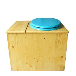 Toilette sèche en bois huilé avec bac intégré, abattant bleu turquoise, seau inox et bavette inox. Hauteur PMR 50 cm.