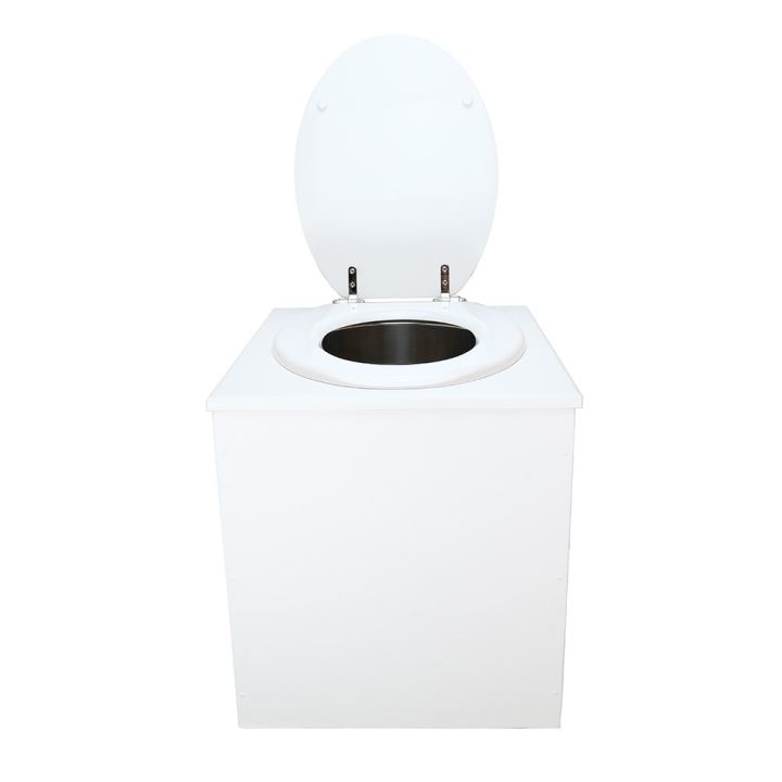  Toilette sèche rehaussée en bois blanc complète avec seau inox 22 litres et bavette inox Ø30 cm - abattant blanc