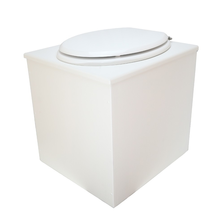  Toilette sèche rehaussée en bois blanc complète avec seau inox 22 litres et bavette inox Ø30 cm - abattant blanc