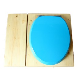 Toilette sèche en bois huilé avec bac intégré, abattant bleu turquoise, seau inox et bavette inox. Hauteur PMR 50 cm.