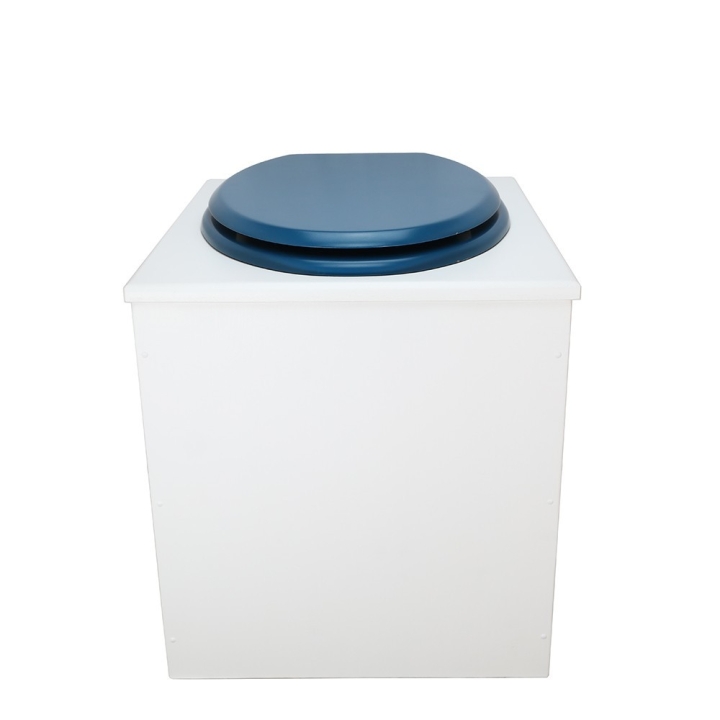  Toilette sèche rehaussée en bois blanc complète avec seau inox 22 litres et bavette inox Ø30 cm - abattant bleu nuit