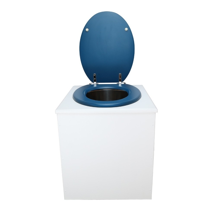  Toilette sèche rehaussée en bois blanc complète avec seau inox 22 litres et bavette inox Ø30 cm - abattant bleu nuit