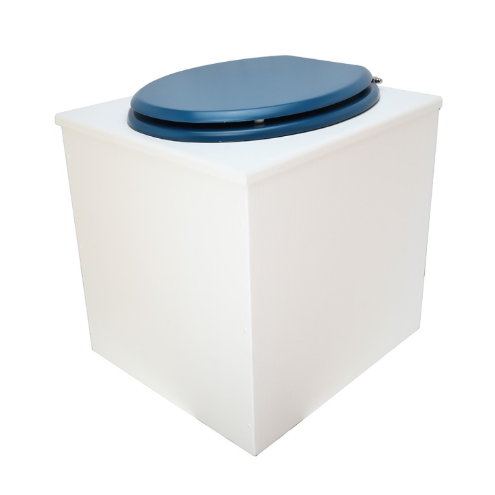  Toilette sèche rehaussée en bois blanc complète avec seau inox 22 litres et bavette inox Ø30 cm - abattant bleu nuit
