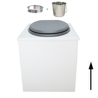 Toilette sèche rehaussée en bois blanc complète avec seau inox 22 litres et bavette inox Ø30 cm - abattant gris