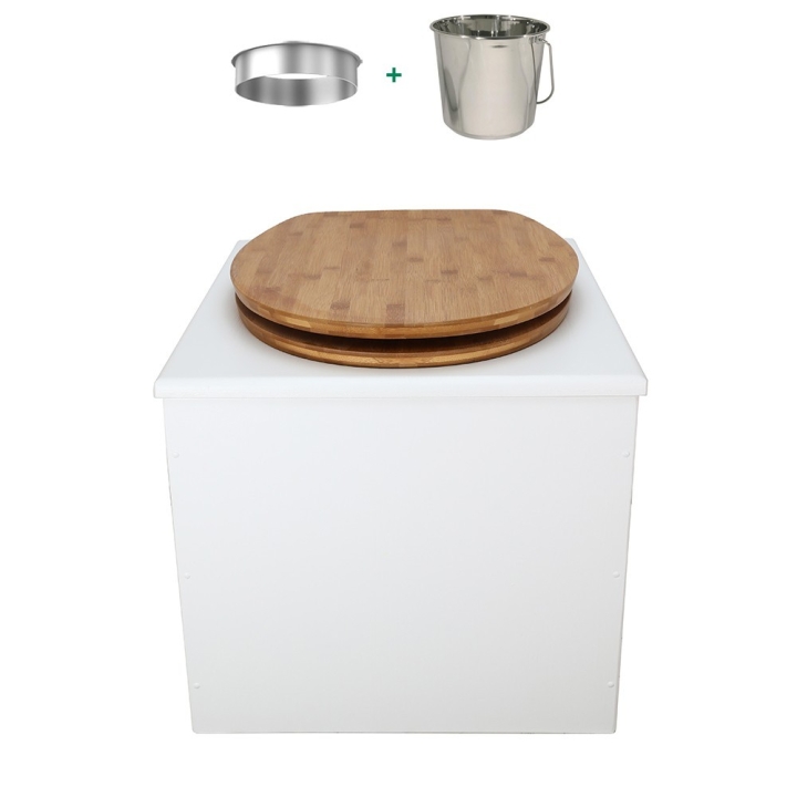 Toilette sèche en bois blanc complète avec seau inox 22 litres et bavette inox Ø30 cm - abattant bambou
