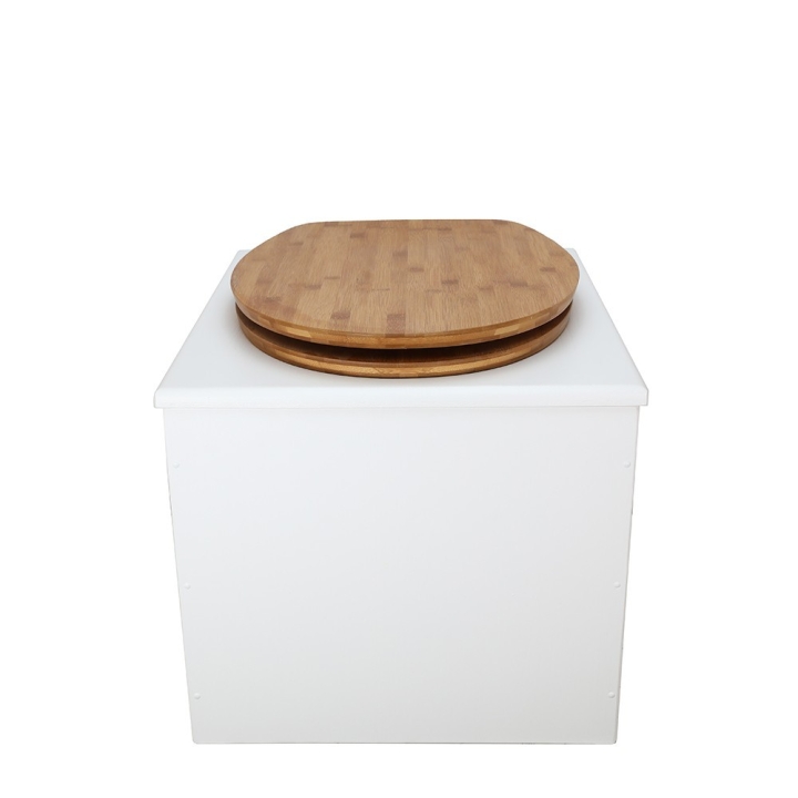  Toilette sèche en bois blanc complète avec seau inox 22 litres et bavette inox Ø30 cm - abattant bambou