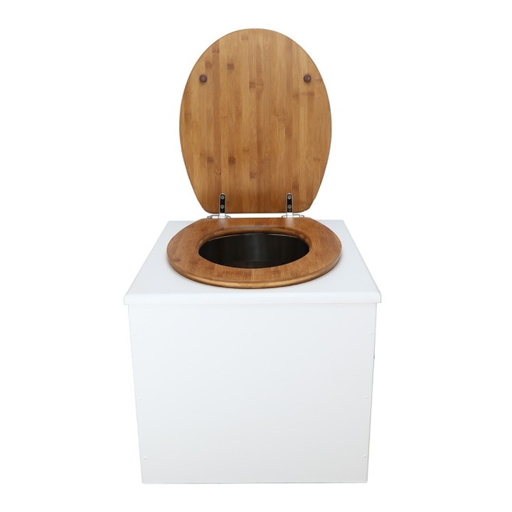  Toilette sèche en bois blanc complète avec seau inox 22 litres et bavette inox Ø30 cm - abattant bambou