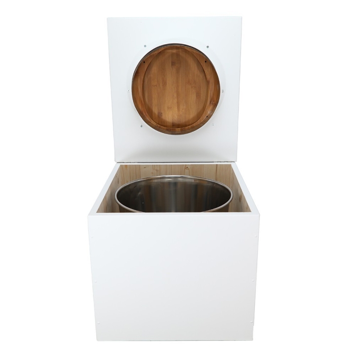  Toilette sèche en bois blanc complète avec seau inox 22 litres et bavette inox Ø30 cm - abattant bambou