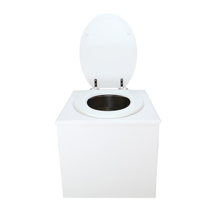 Toilette sèche en bois blanc complète avec seau inox 22 litres et bavette inox Ø30 cm - abattant blanc