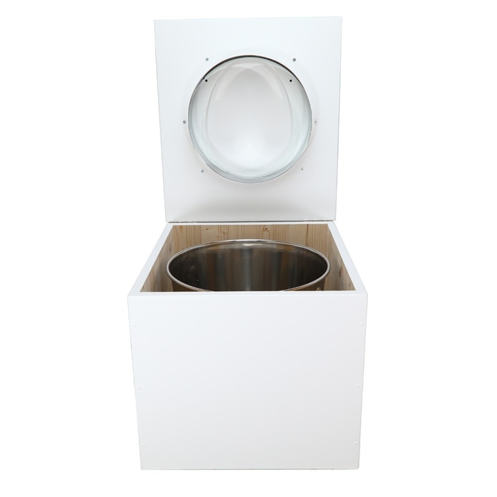  Toilette sèche en bois blanc complète avec seau inox 22 litres et bavette inox Ø30 cm - abattant blanc