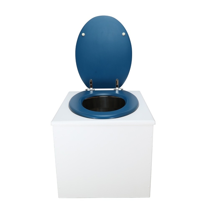  Toilette sèche en bois blanc complète avec seau inox 22 litres et bavette inox Ø30 cm - abattant bleu nuit