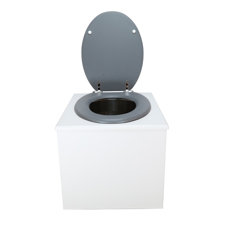  Toilette sèche en bois blanc complète avec seau inox 22 litres et bavette inox Ø30 cm - abattant gris