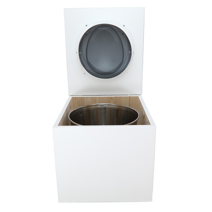  Toilette sèche en bois blanc complète avec seau inox 22 litres et bavette inox Ø30 cm - abattant gris