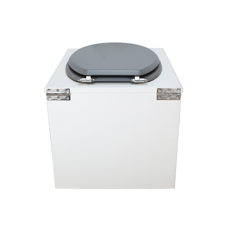  Toilette sèche en bois blanc complète avec seau inox 22 litres et bavette inox Ø30 cm - abattant gris