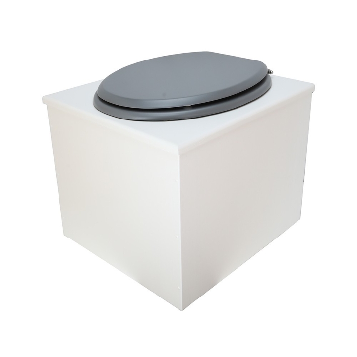  Toilette sèche en bois blanc complète avec seau inox 22 litres et bavette inox Ø30 cm - abattant gris