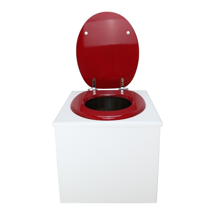  Toilette sèche en bois blanc complète avec seau inox 22 litres et bavette inox Ø30 cm - abattant rouge