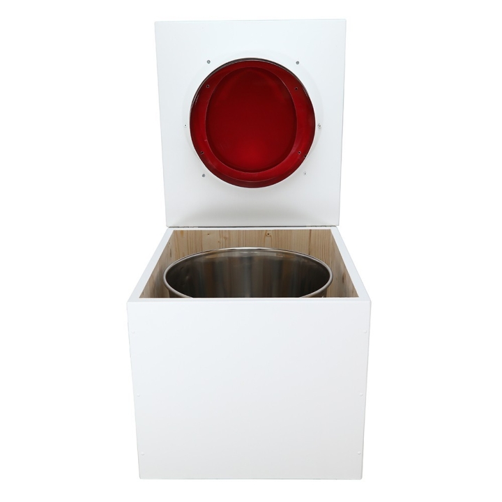  Toilette sèche en bois blanc complète avec seau inox 22 litres et bavette inox Ø30 cm - abattant rouge