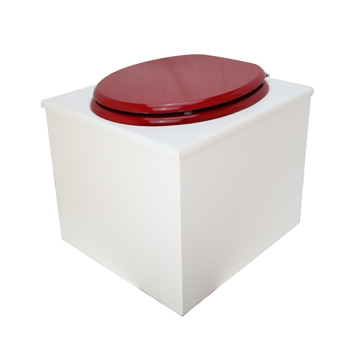  Toilette sèche en bois blanc complète avec seau inox 22 litres et bavette inox Ø30 cm - abattant rouge