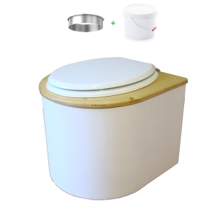 toilette sèche en bois arrondie blanche/huilé avec seau plastique 22L