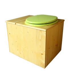 Toilette sèche en bois huilé avec bac intégré, abattant vert pomme, seau inox et bavette inox. Hauteur PMR 50 cm.