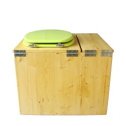 Toilette sèche en bois huilé avec bac intégré, abattant vert pomme, seau inox et bavette inox. Hauteur PMR 50 cm.