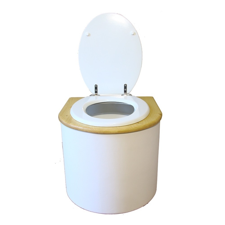  toilette sèche en bois arrondie blanche/huilé avec seau plastique 22L