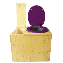 Toilette sèche en bois huilé avec bac intégré, abattant violet prune, seau inox et bavette inox. Hauteur PMR 50 cm.
