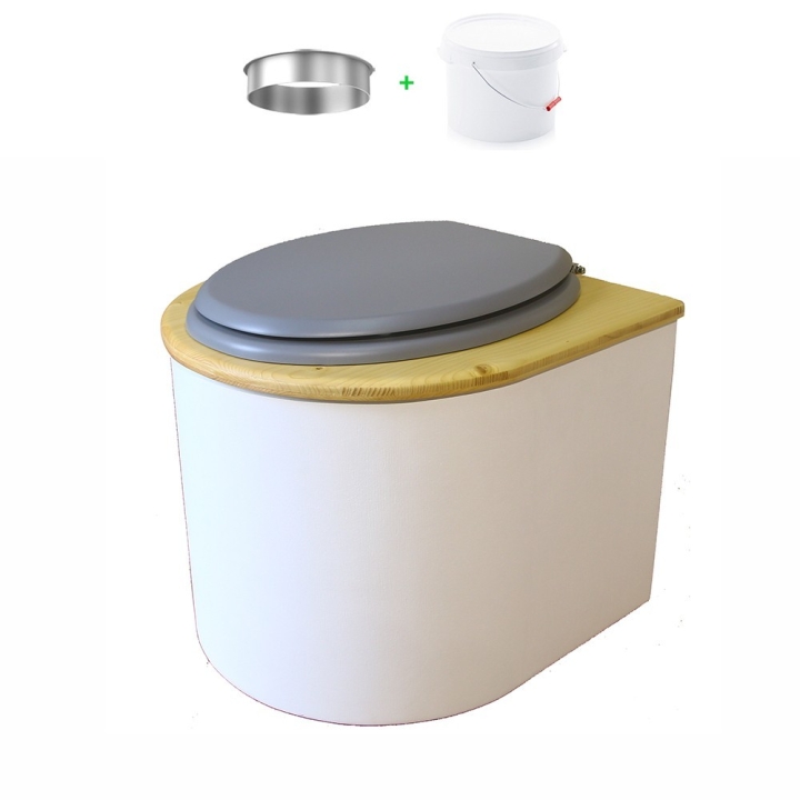 toilette sèche en bois arrondie blanche/huilé avec seau plastique 22L