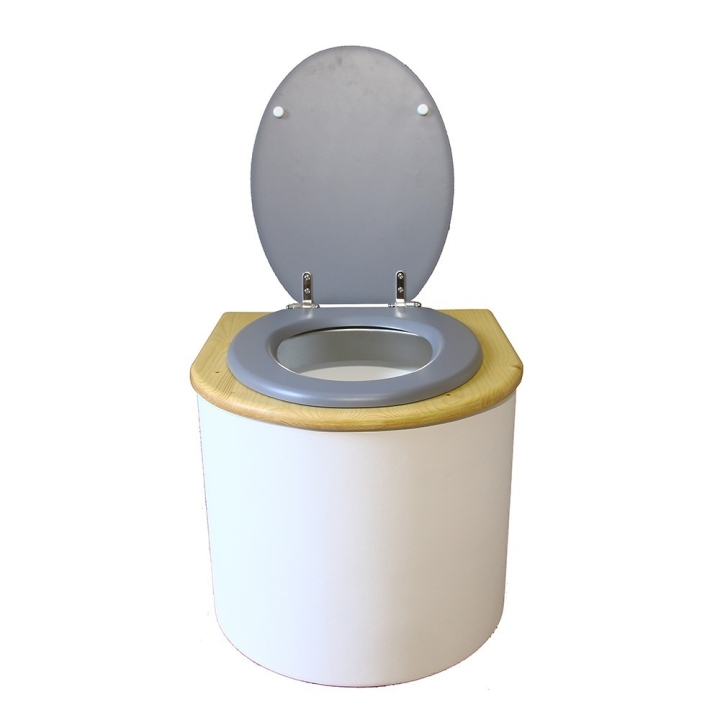  toilette sèche en bois arrondie blanche/huilé avec seau plastique 22L