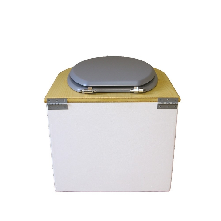  toilette sèche en bois arrondie blanche/huilé avec seau plastique 22L