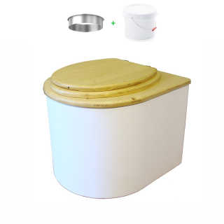 toilette sèche en bois arrondie blanche/huilé avec seau plastique 22L