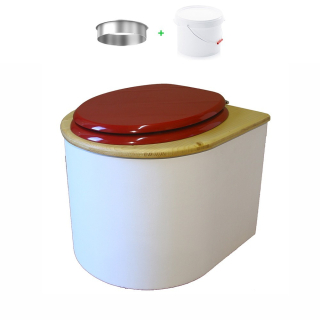toilette sèche en bois arrondie blanche/huilé avec seau plastique 22L