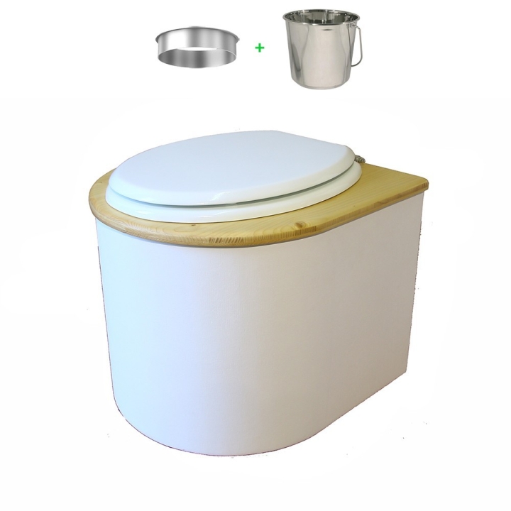 Toilette sèche en bois arrondie blanche/huilé avec seau inox