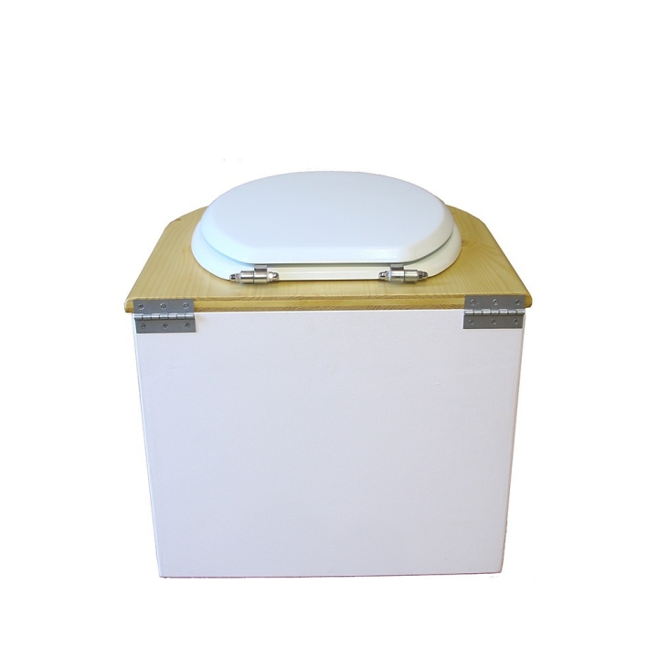  Toilette sèche en bois arrondie blanche/huilé avec seau inox
