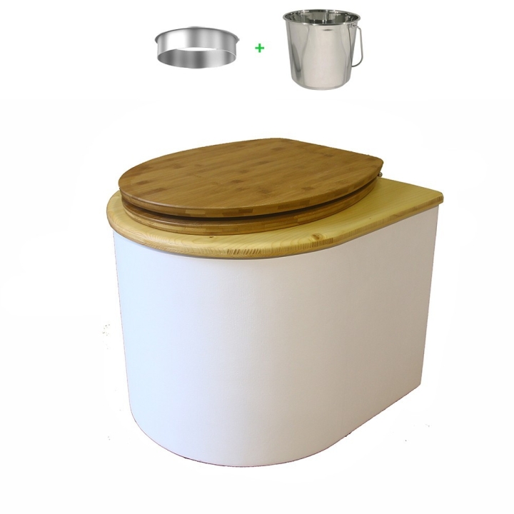 Toilette sèche en bois arrondie blanche/huilé avec seau inox