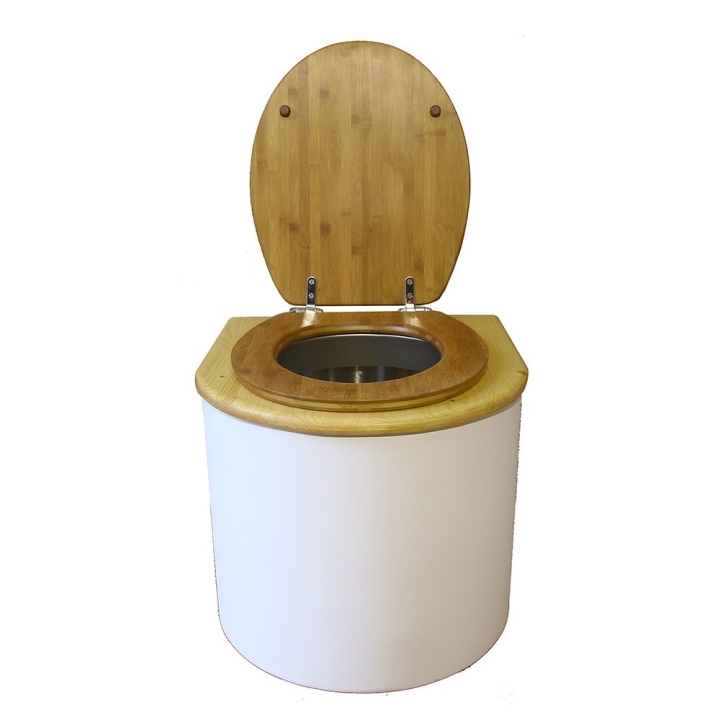  Toilette sèche en bois arrondie blanche/huilé avec seau inox