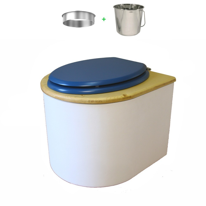 Toilette sèche en bois arrondie blanche/huilé avec seau inox