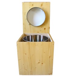 toilette sèche rehaussée en bois huilé complète avec seau inox 14 litres et bavette inox Ø30 cm - abattant blanc