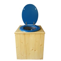 toilette sèche rehaussée en bois huilé complète avec seau inox 14 litres et bavette inox Ø30 cm - abattant bleu nuit