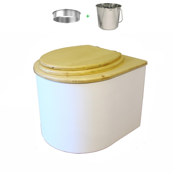 Toilette sèche en bois arrondie blanche/huilé avec seau inox