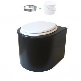 Toilette sèche en bois arrondie avec seau plastique 22L et bavette inox. Abattant blanc