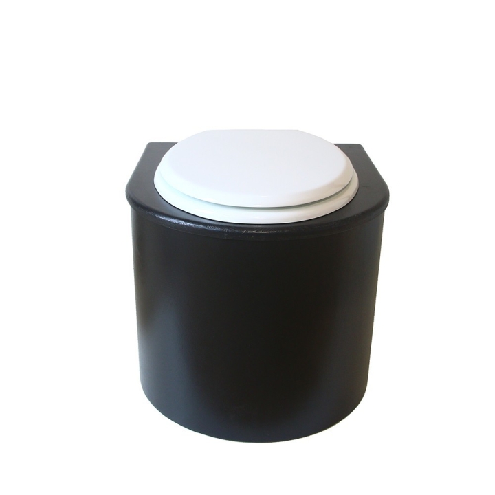  Toilette sèche en bois arrondie avec seau plastique 22L et bavette inox. Abattant blanc
