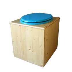 toilette sèche rehaussée en bois huilé complète avec seau inox 14 litres et bavette inox Ø30 cm - abattant bleu turquoise - PMR