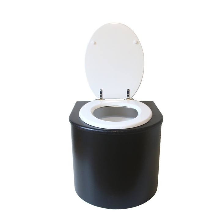  Toilette sèche en bois arrondie avec seau plastique 22L et bavette inox. Abattant blanc