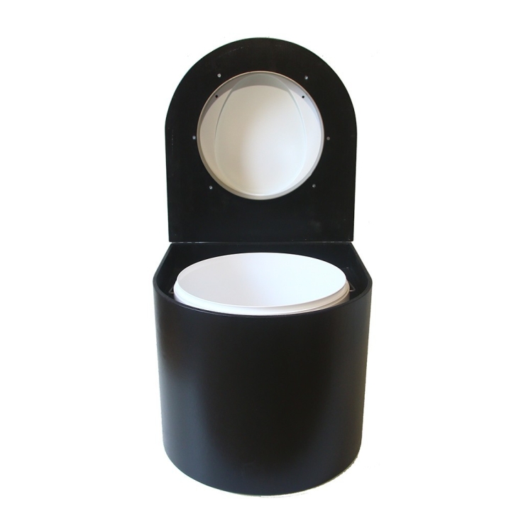  Toilette sèche en bois arrondie avec seau plastique 22L et bavette inox. Abattant blanc